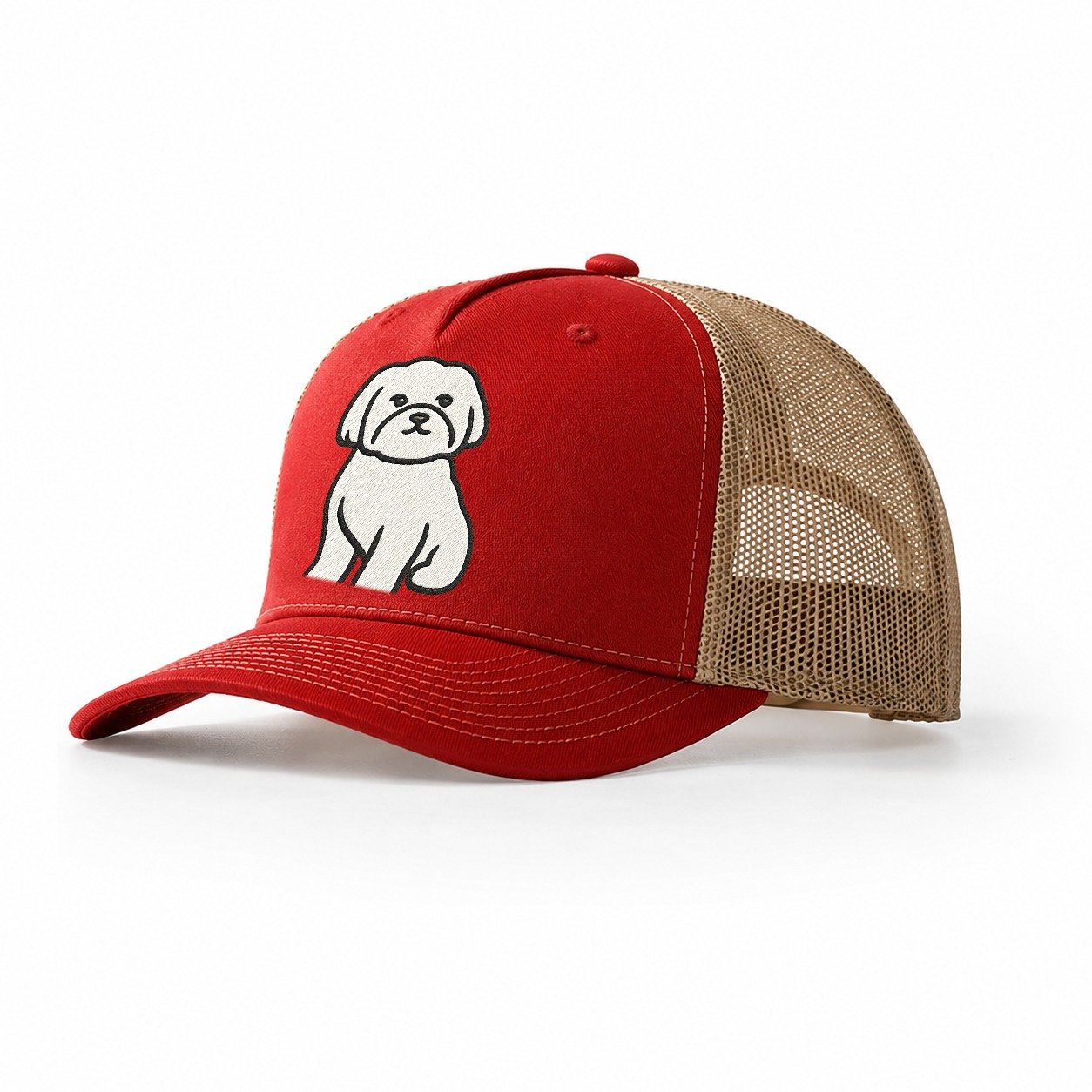 Maltese Pure White Fluffy Embroidered Design Trucker Hat – Red-Khaki
