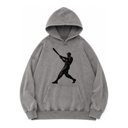 Baseball Batter In Full Swing Vintage Washed Hoodie – Grey