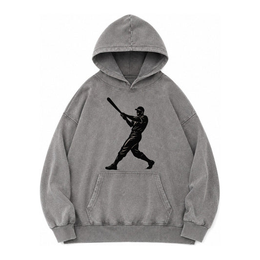 Baseball Batter In Full Swing Vintage Washed Hoodie – Grey