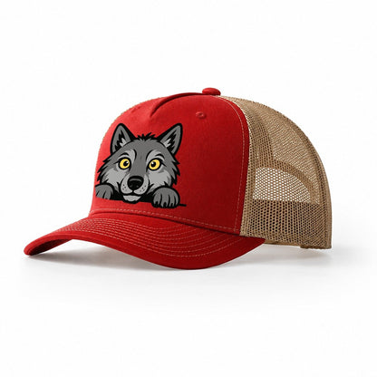 Wolf Intense Yellow Eyes Gray Fur Pointed Ears Powerful Paws Trucker Hat – Red-Khaki