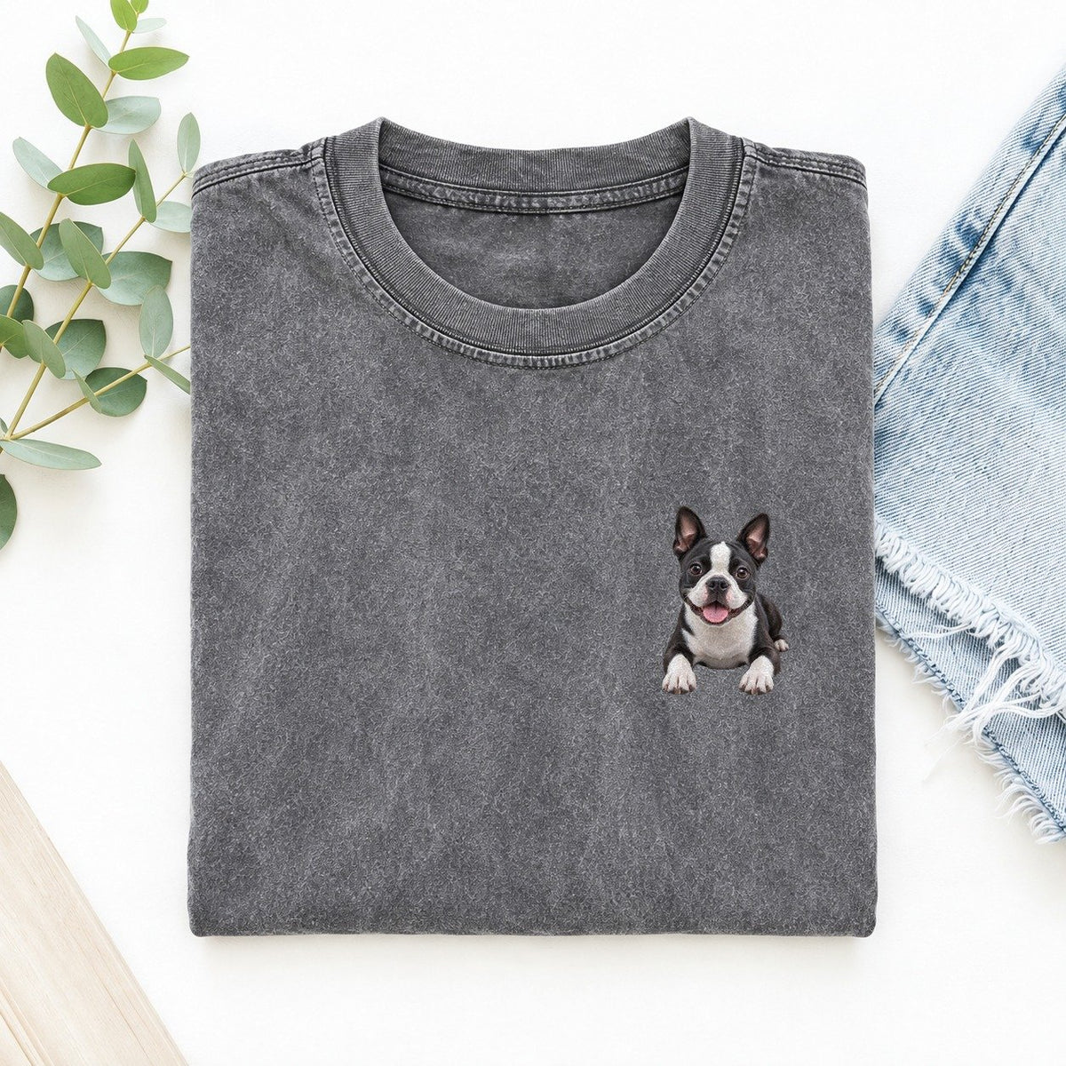 Boston Terrier Lying Down Left Chest Vintage T-shirt – Grey