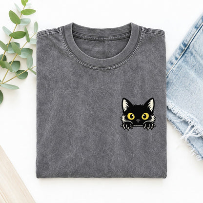 Yellow Eyed Black Cat Left Chest Vintage T-shirt – Grey