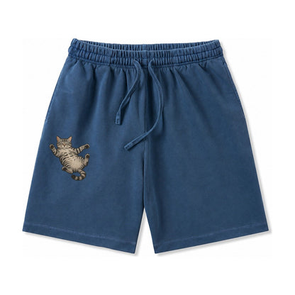 American Shorthair Silver Tabby Classic Pattern Fully Relaxe Washed Shorts – Denim Blue