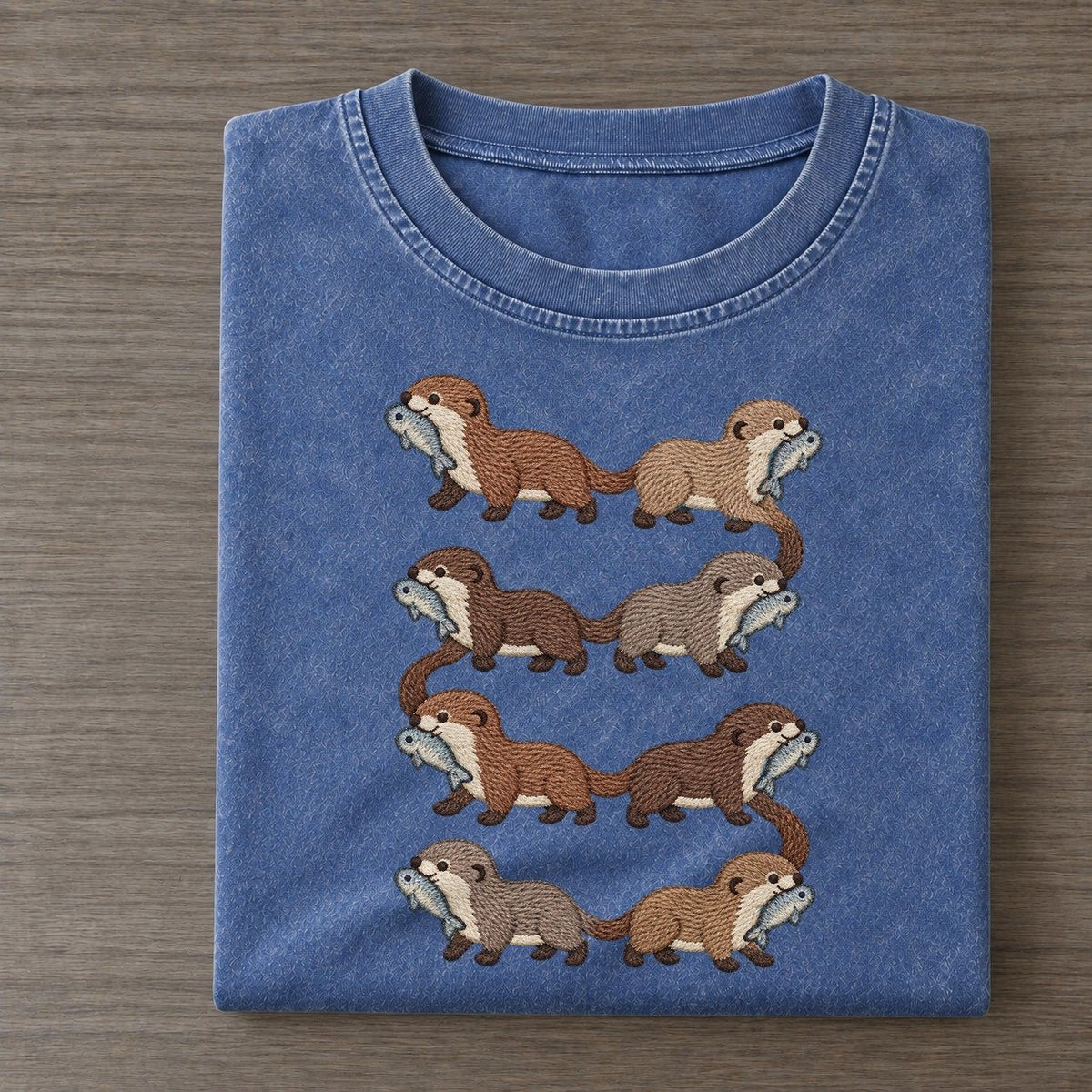 Otters With Fish Single File Vintage T-shirt – Washed Blue