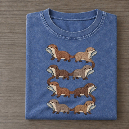 Otters With Fish Single File Vintage T-shirt – Washed Blue