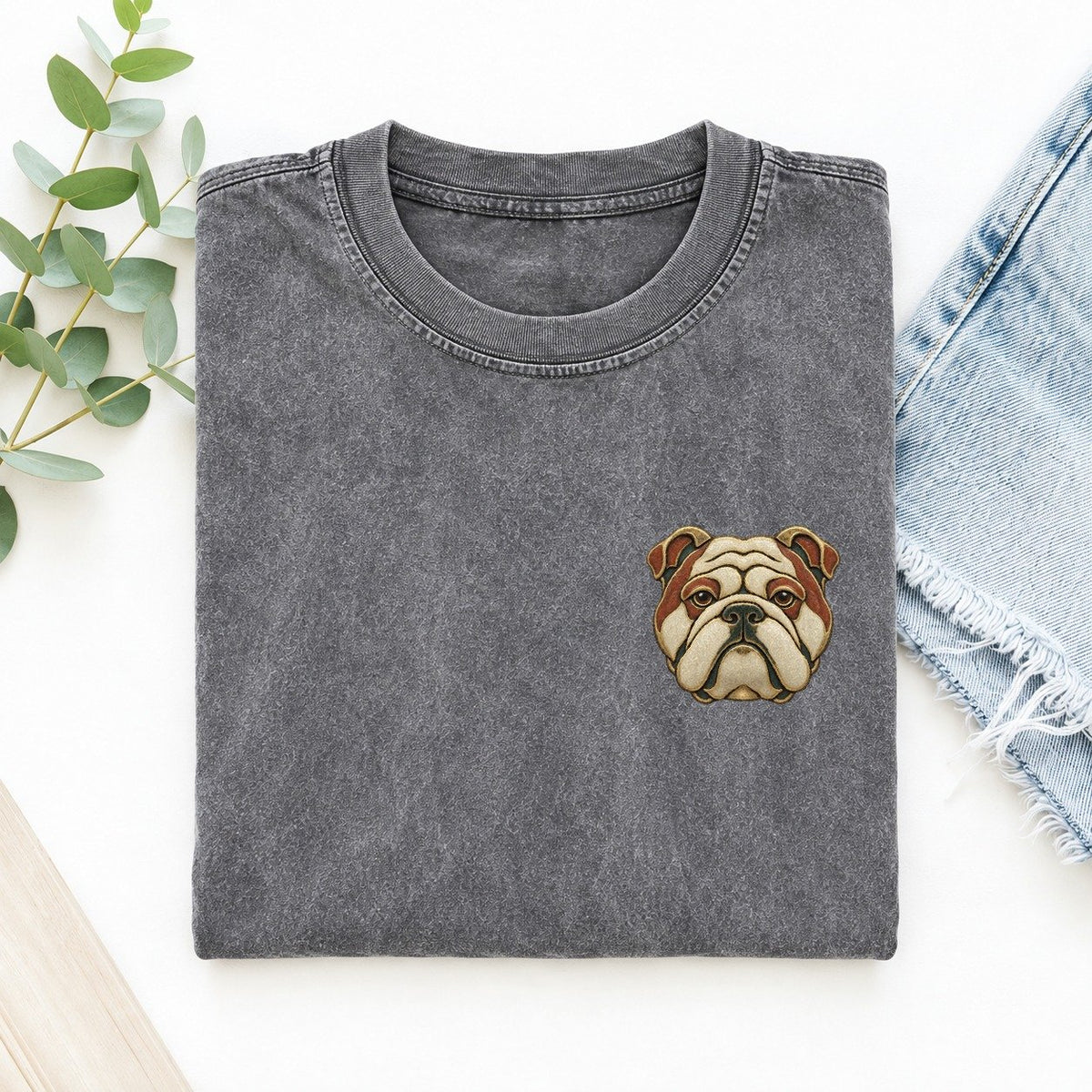 Bulldog Brow Fold Keepsake Emblem Left Chest Vintage T-shirt – Grey