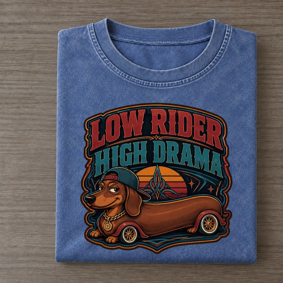 Low Rider High Drama Dachshund Vintage T-shirt – Washed Blue