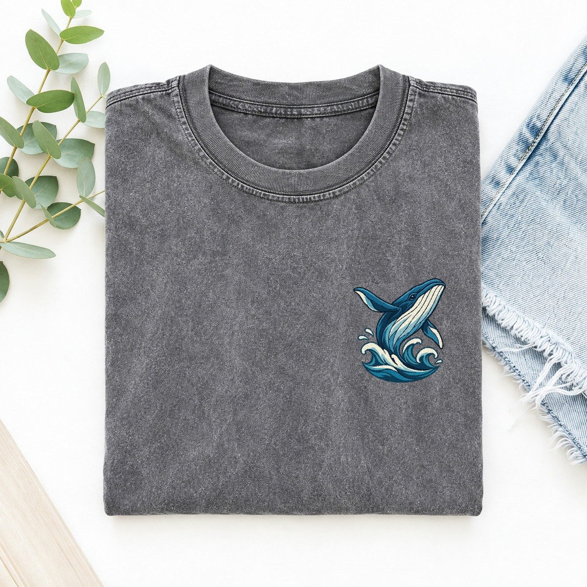 Whale And Waves Left Chest Vintage T-shirt – Grey