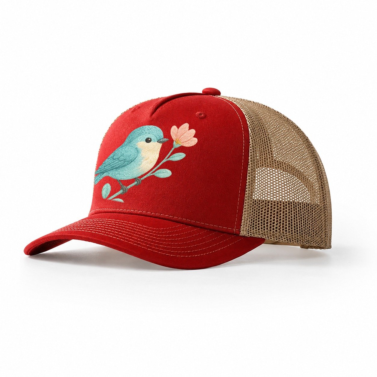 Aqua Chickadee Perched On Mint Eucalyptus Turquoise Cap Swee Trucker Hat – Red-Khaki