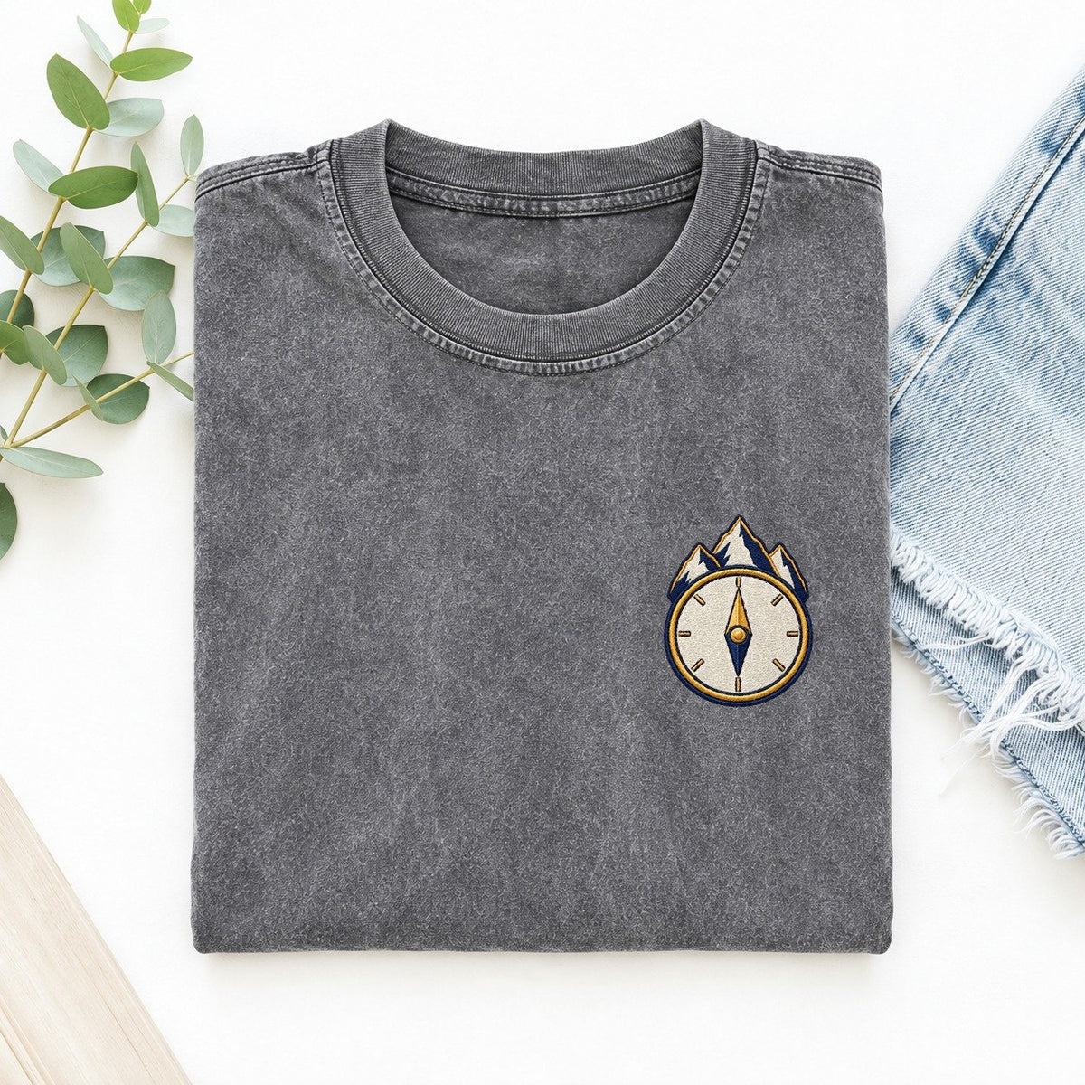 Mountain Compass Symbol Emblems Left Chest Vintage T-shirt – Grey