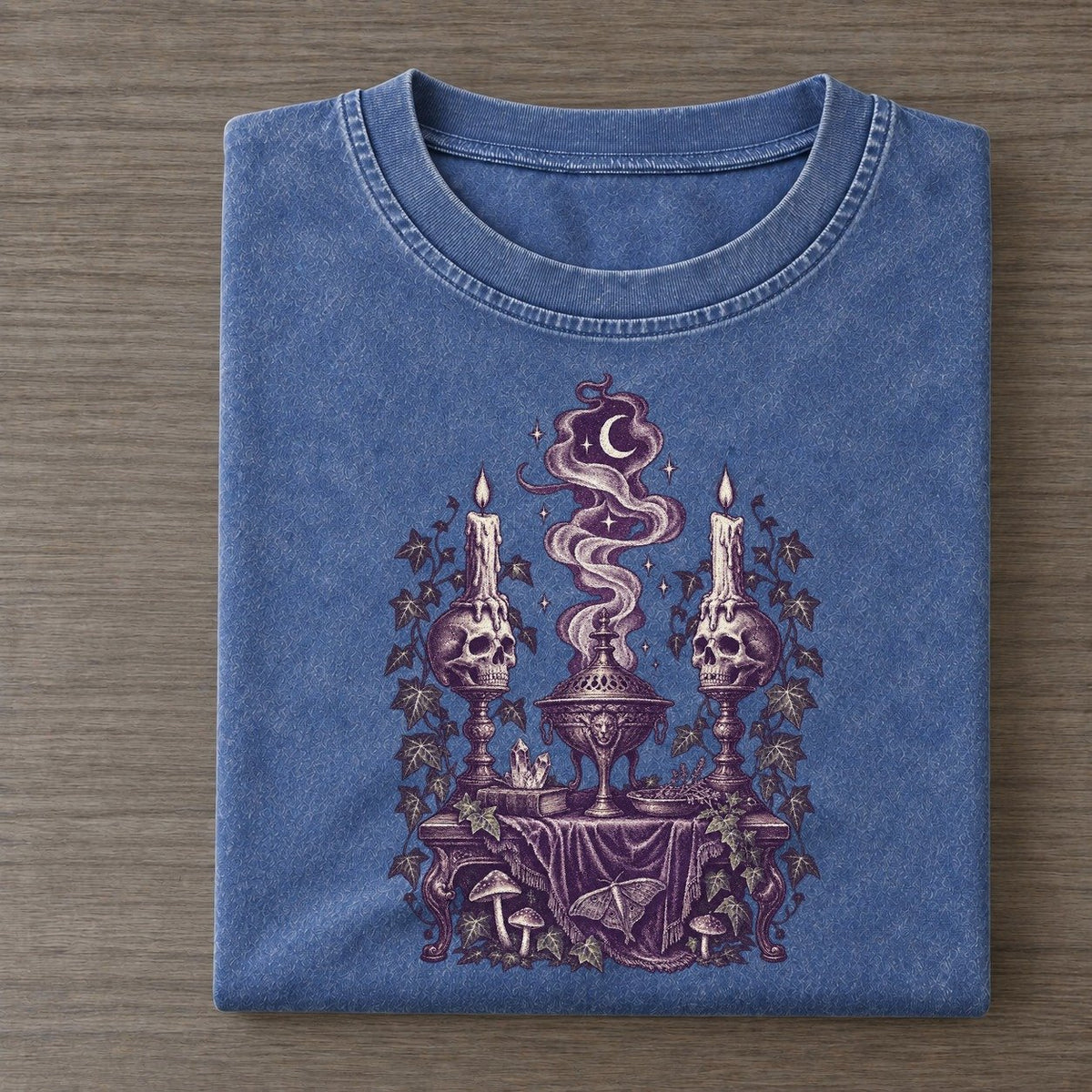 Skull Candleholders Incense Midnight Haunt Vintage T-shirt – Washed Blue
