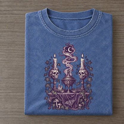 Skull Candleholders Incense Midnight Haunt Vintage T-shirt – Washed Blue