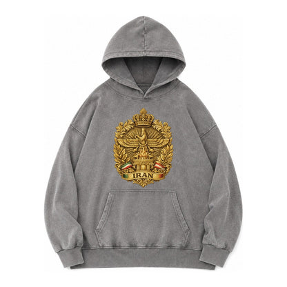 Iran Fire Temple Emblem Vintage Washed Hoodie – Grey