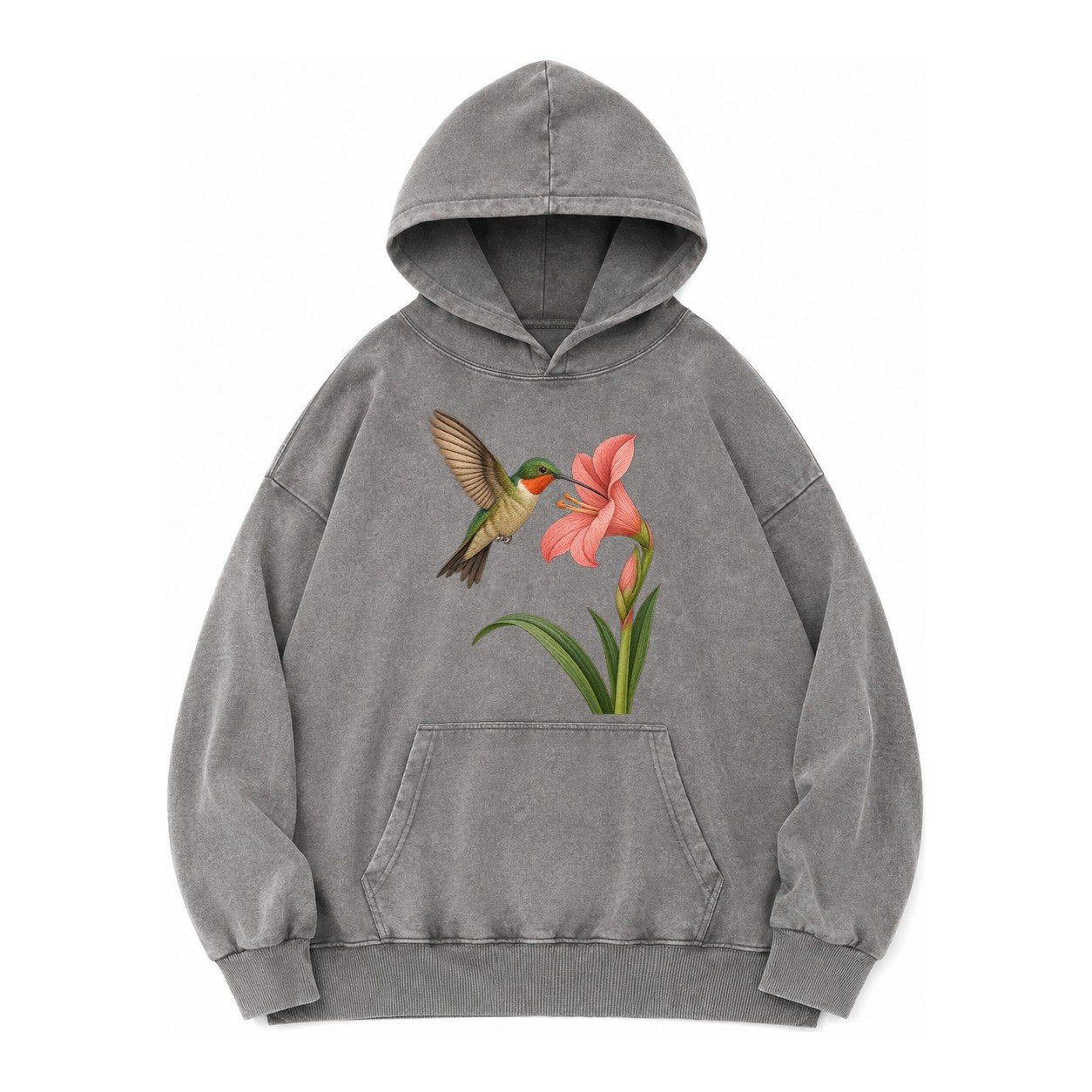 Hummingbird Haven Vintage Washed Hoodie – Grey