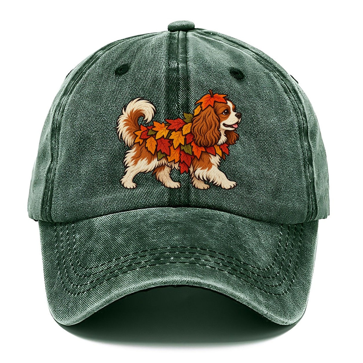 One Cavalier King Charles Spaniel In Halloween Costume Fallen Leaf Pile Costume With Orange And Red Felt Leaves Halloween Dog Parade Classic Cap – Forest Mist
