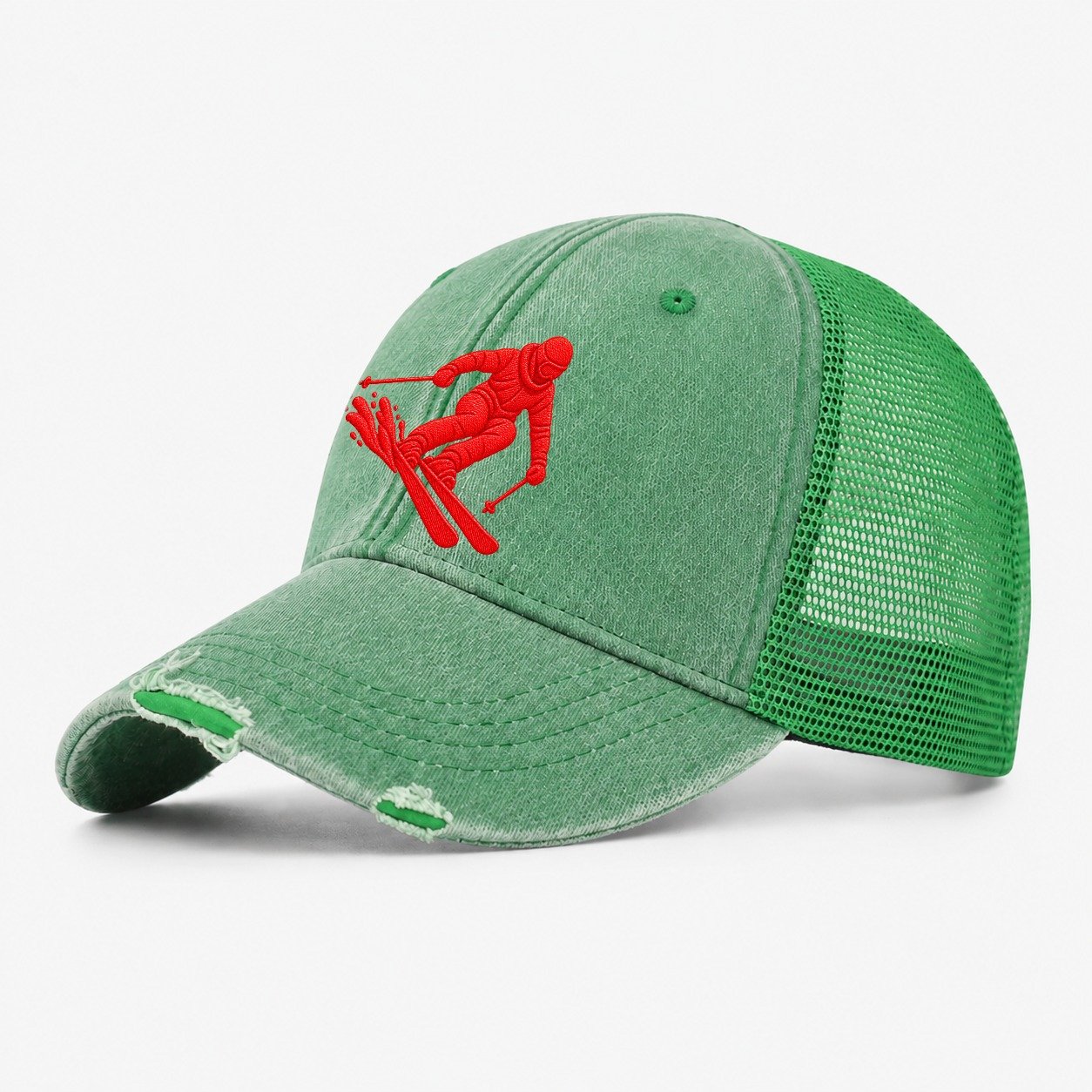 Alpine Skier Deep Carve Micro Motion Mark Washed Trucker Hat – Ink Green