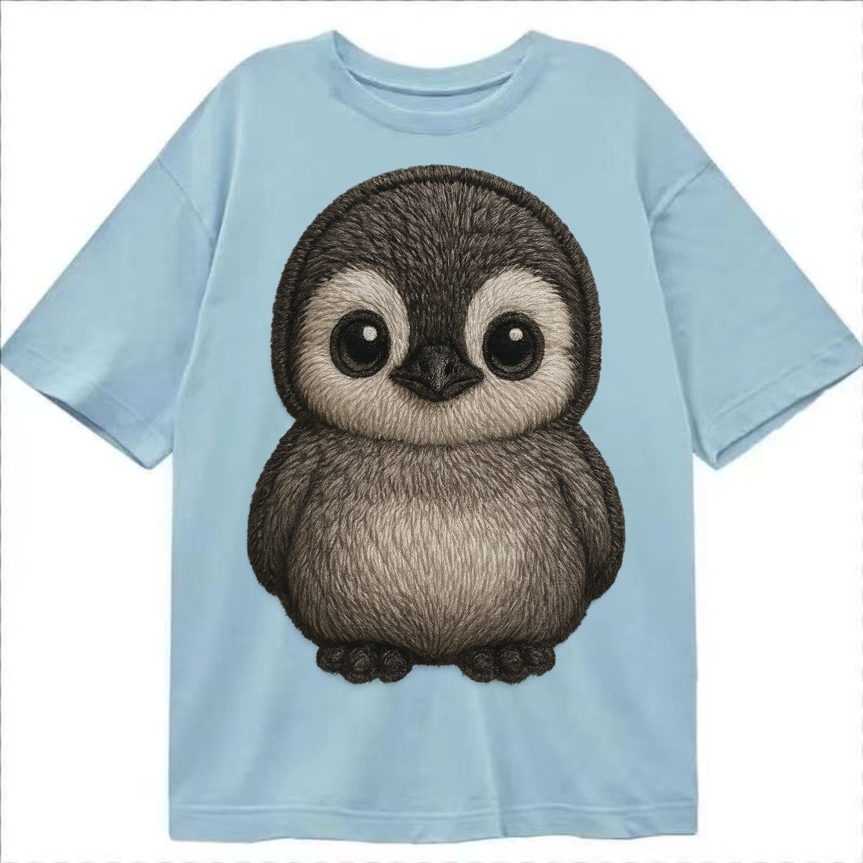 Baby Penguin Chick Gray Fluffy White Face Round Body Front F Classic T-shirt – Light Blue