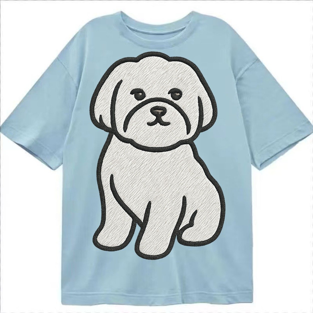 Maltese Pure White Fluffy Embroidered Design Classic T-shirt – Light Blue