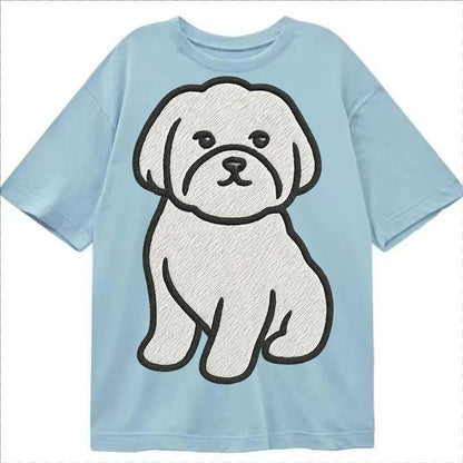 Maltese Pure White Fluffy Embroidered Design Classic T-shirt – Light Blue