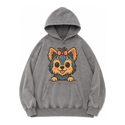 Yorkshire Terrier Modern Tiny Dog Logo Vintage Washed Hoodie – Grey