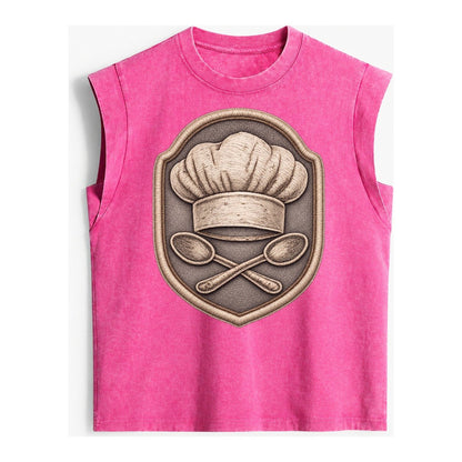 Cooking Chef Hat Toque Blanche With Crossed Spoons In Vintage Washed Tank – Pink