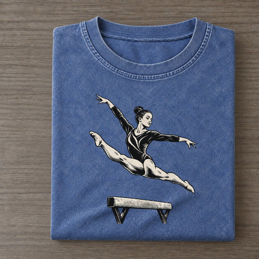 Gymnast Balance Beam Leap Global Sports Ink Figures Vintage T-shirt – Washed Blue