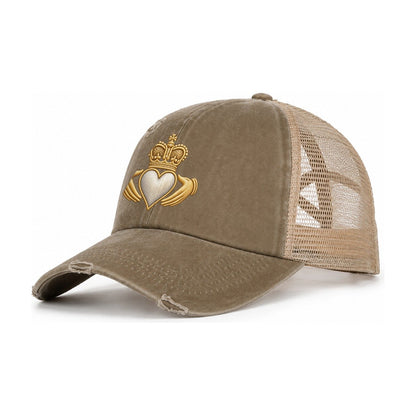 Claddagh Symbol Women's Ponytail Trucker Hat – Taupe Khaki