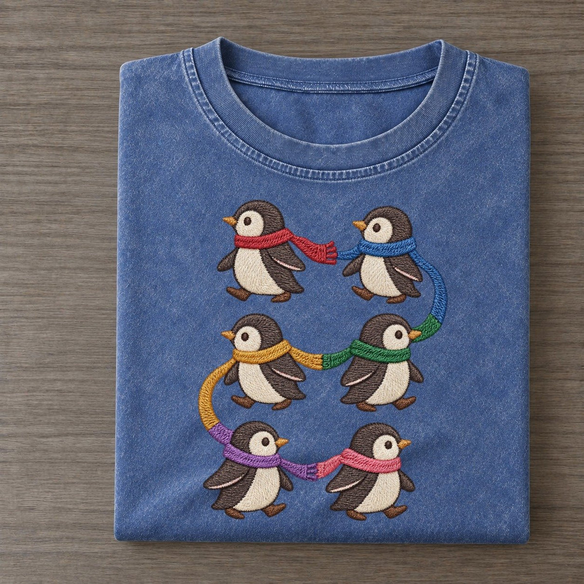 Penguins With Scarves Single File Vintage T-shirt – Washed Blue