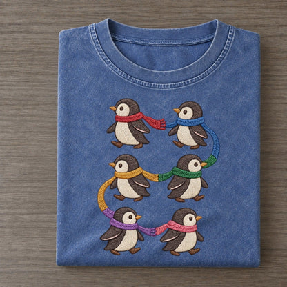 Penguins With Scarves Single File Vintage T-shirt – Washed Blue