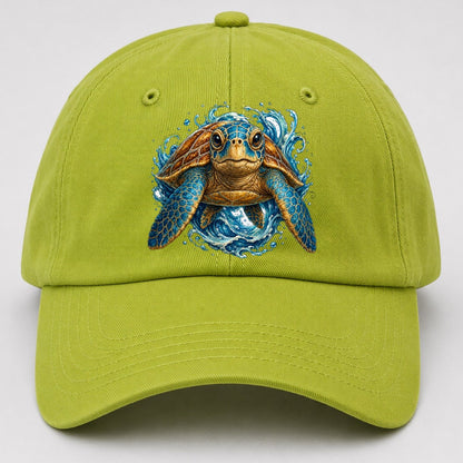 Ornate Sea Turtle Waves Baseball Cap – Fluorescent Green