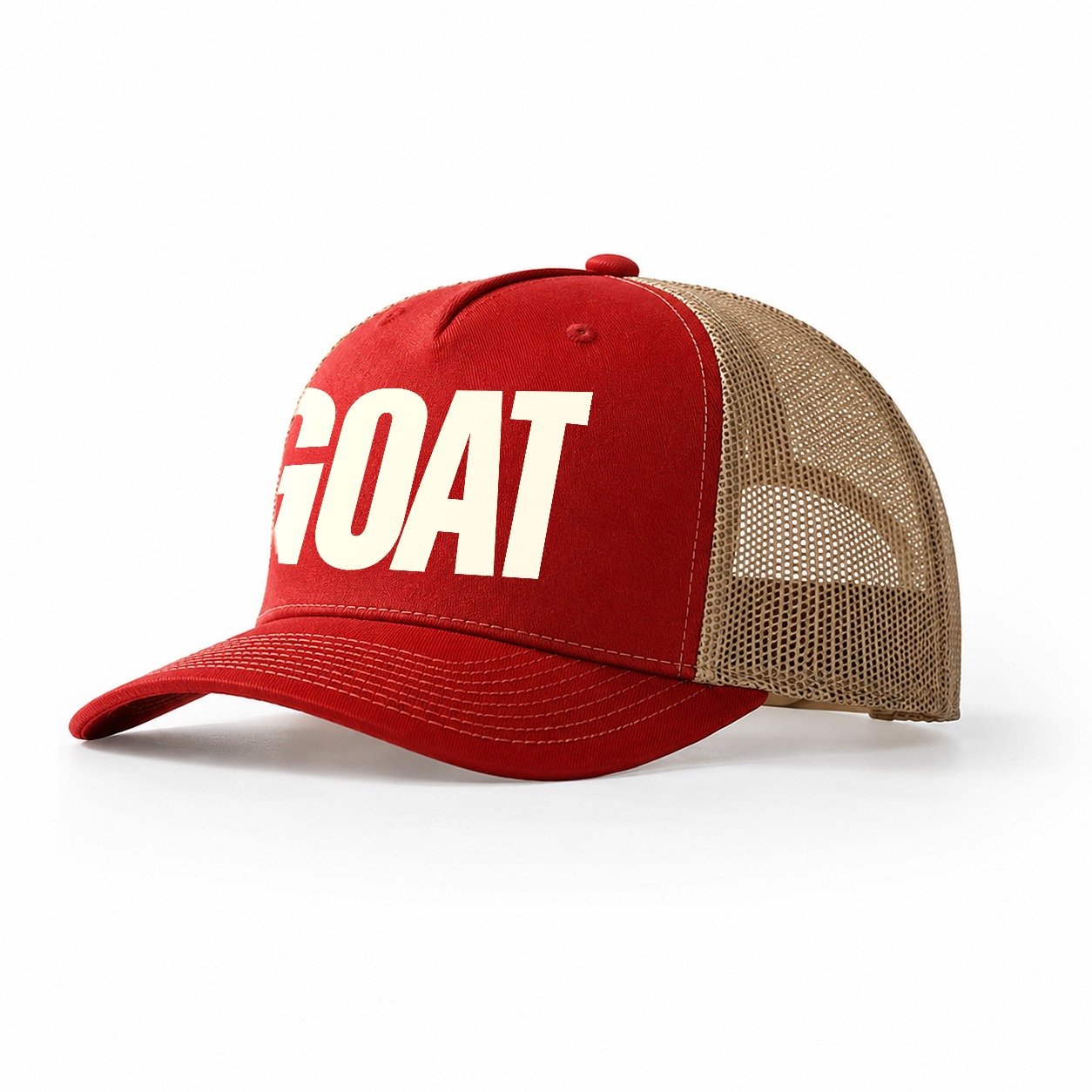 Bold Typography Design Goat Greatest Of All Time Trucker Hat – Red-Khaki