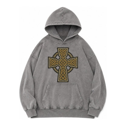 Celtic Cross Vintage Washed Hoodie – Grey