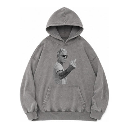 Anthony Bourdain Middle Finger Vintage Washed Hoodie – Grey