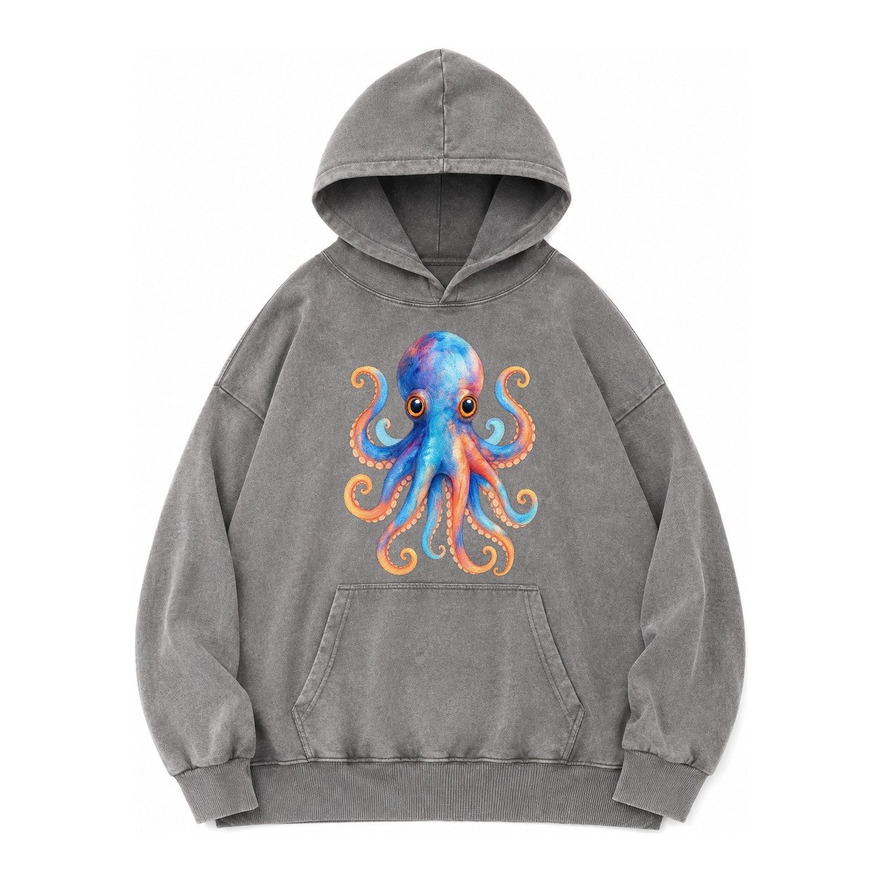 Octopus Cute Vintage Washed Hoodie – Grey