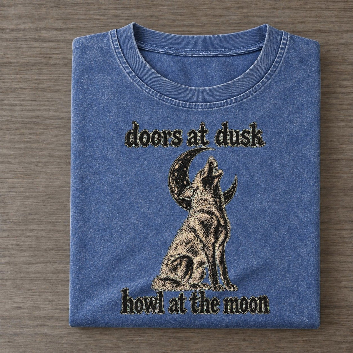 A Coyote Lean Mixed Breed Sitting Upright With Its Head Thrown Back In A Howl Bark For Me Vintage T-shirt – Washed Blue