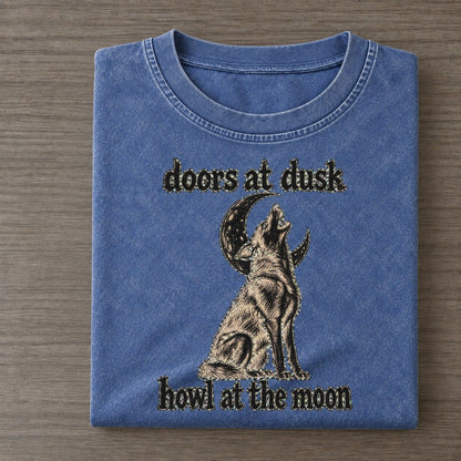 A Coyote Lean Mixed Breed Sitting Upright With Its Head Thrown Back In A Howl Bark For Me Vintage T-shirt – Washed Blue