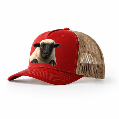 Sheep Fluffy White Wool Black Face Gentle Eyes Small Ears Pe Trucker Hat – Red-Khaki