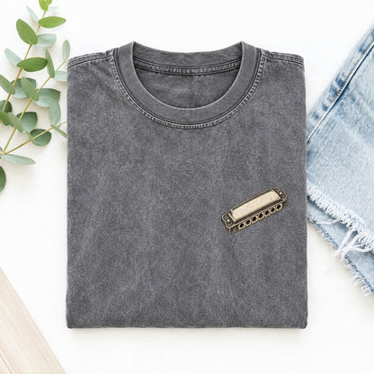 Harmonica Diagonal Keepsake Emblem Left Chest Vintage T-shirt – Grey