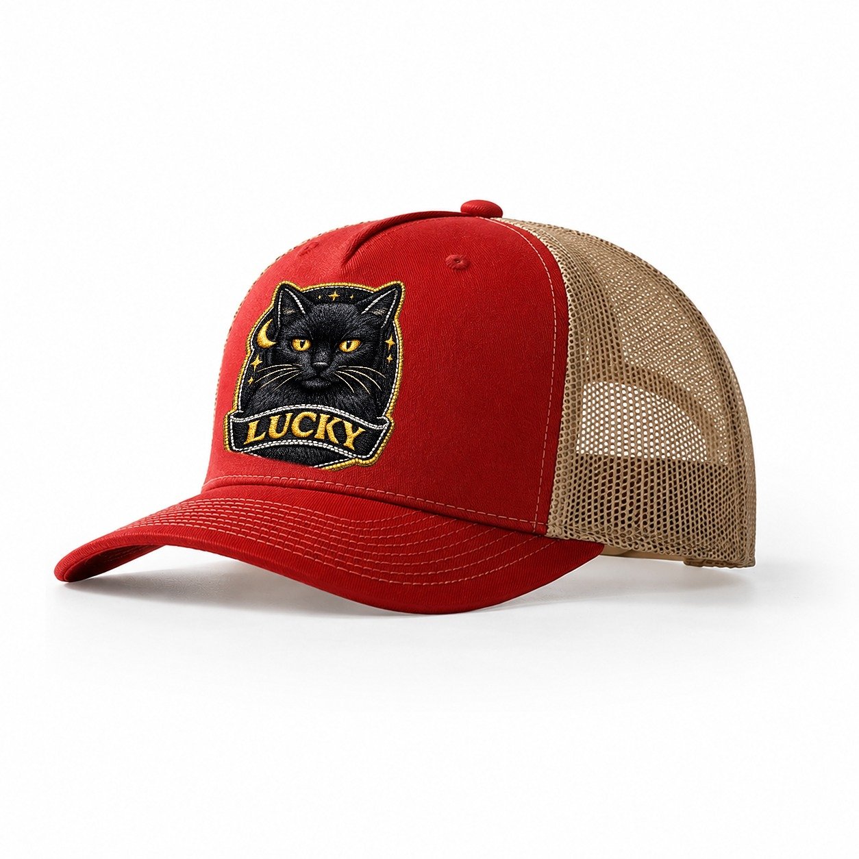 Lucky Black Cat Badge 064dd1 Trucker Hat – Red-Khaki