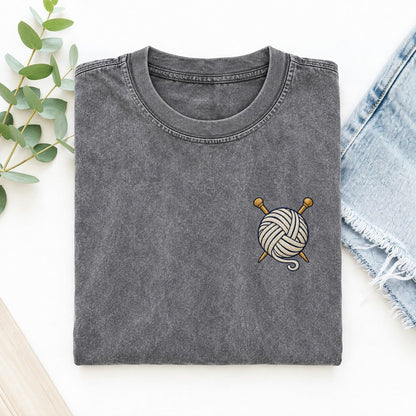 Yarn Needles Symbol Emblems Left Chest Vintage T-shirt – Grey