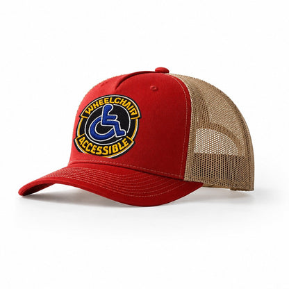 Embroidered Patch Design Wheelchair Accessible Accessibility Trucker Hat – Red-Khaki