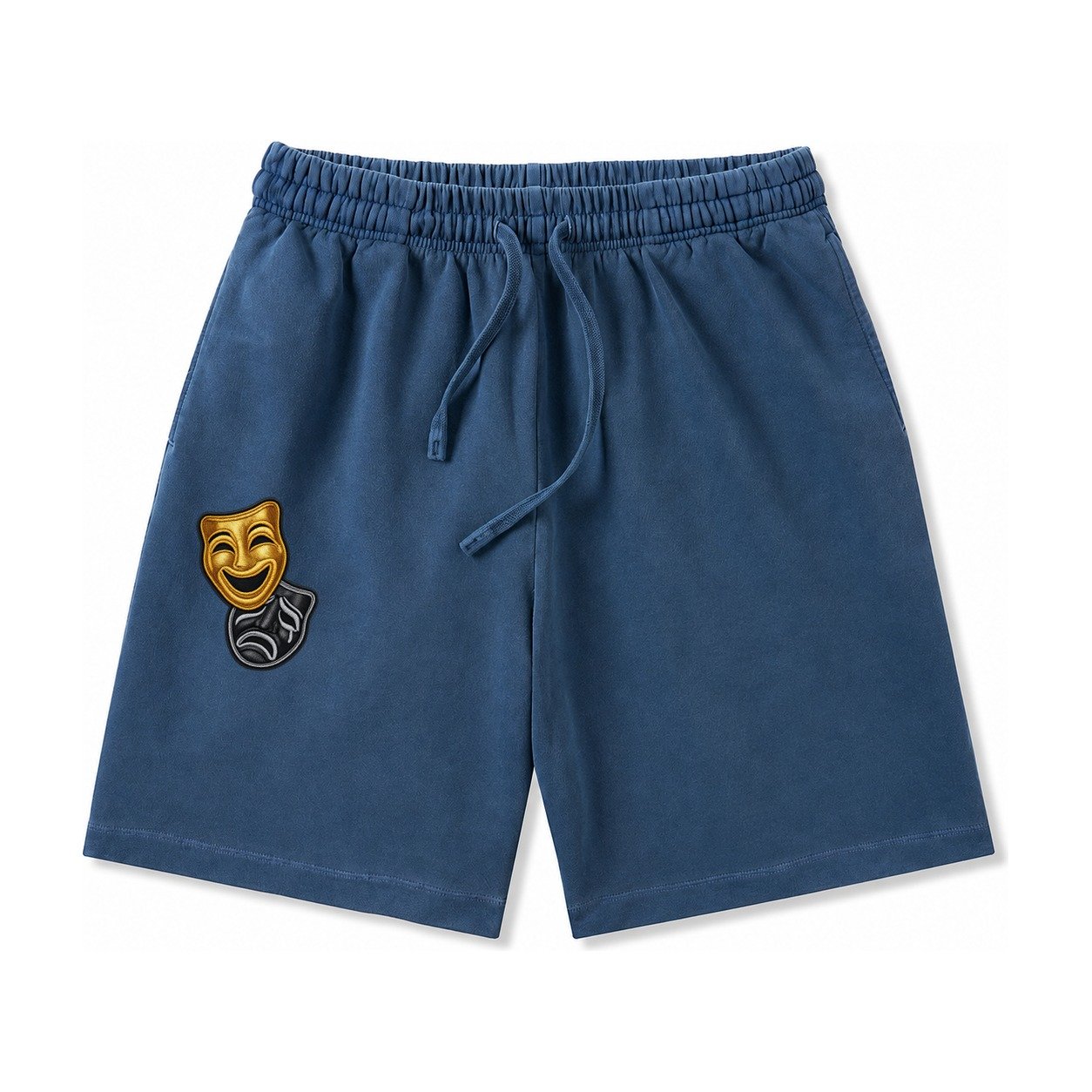 Broadway Masks Comedy Tragedy Masks In Gold And Black Theate Washed Shorts – Denim Blue