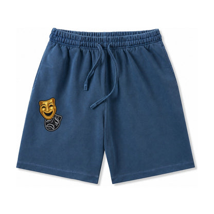 Broadway Masks Comedy Tragedy Masks In Gold And Black Theate Washed Shorts – Denim Blue