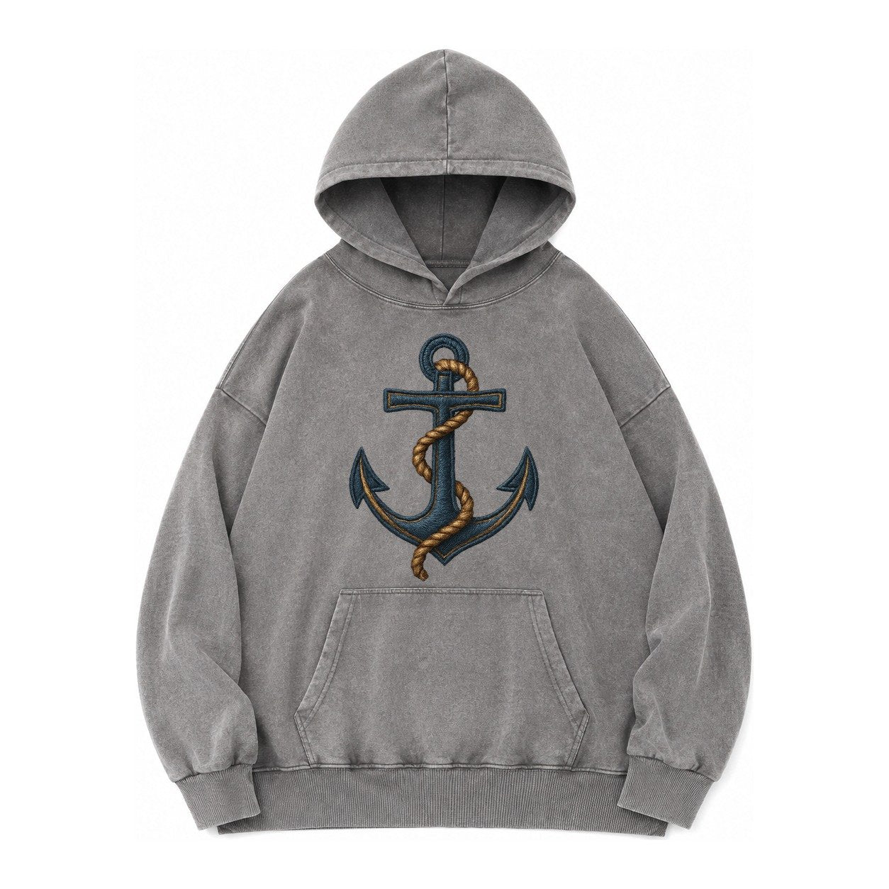 Anchor And Rope Nautical Illustration Vintage Washed Hoodie – Grey