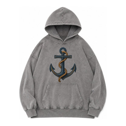 Anchor And Rope Nautical Illustration Vintage Washed Hoodie – Grey