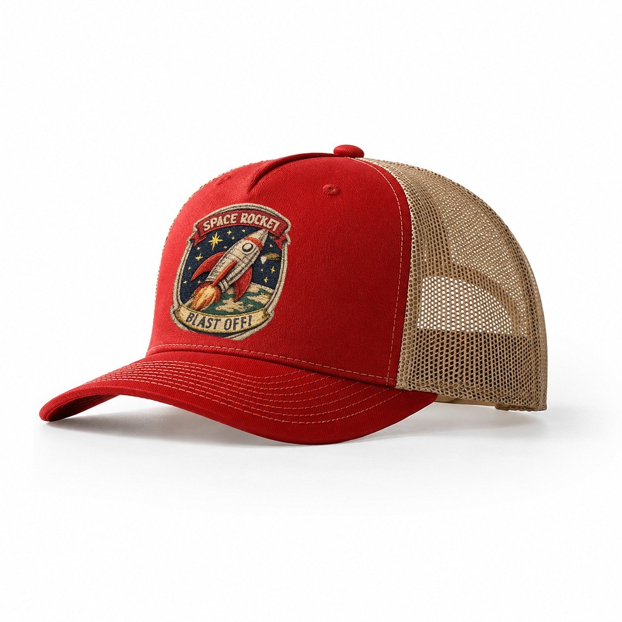 Embroidered Patch Design Retro Rocket 1950s Space Rocket In Trucker Hat – Red-Khaki