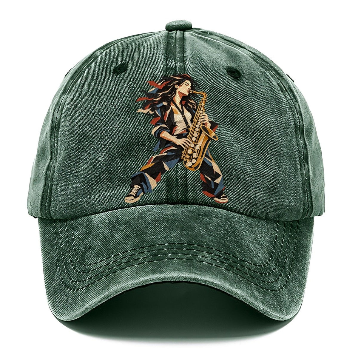 Saxophone Woman Paper Collage Classic Cap – Forest Mist