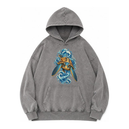 Ornate Sea Turtle Vintage Washed Hoodie – Grey