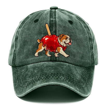 One Bulldog In Halloween Costume Candy Apple Costume Red Glossy Shell With A Stick Halloween Dog Parade Classic Cap – Forest Mist