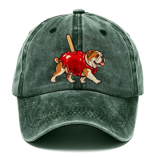 One Bulldog In Halloween Costume Candy Apple Costume Red Glossy Shell With A Stick Halloween Dog Parade Classic Cap – Forest Mist